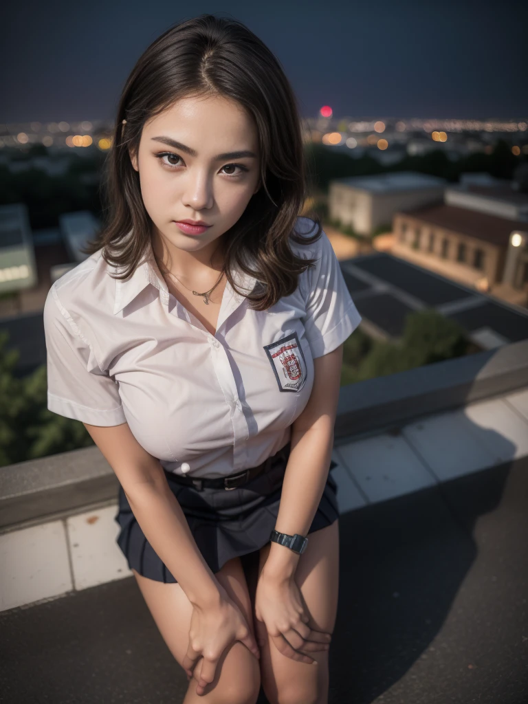 1girl, (uniform), sits with her legs pressed to her chest, detailed night view of Metropolitan city at the background, detailed face, detailed eyes, brunette, big breasts, smooth realistic skin, semi-curvy body, white shirt, grey blue hot miniskirt , looking at the audience, Full body shot, camera from above, (overhead view:1.4), (zoom out:1.4), (8k, RAW photo, best quality, masterpiece: 1.2), (realistic, realistic: 1.37), ultra-high resolution