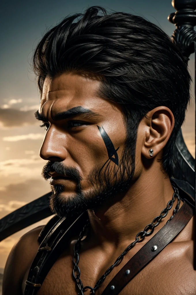 Warrior man with symbol of two crossed swords on his face