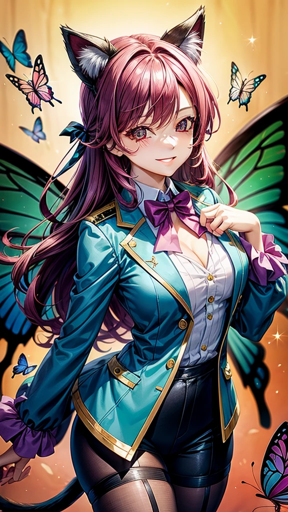Magenta hair, brown eyes, older woman, hair bows, cat ears, long hair, smiling face, sexy outfit, butterflies, teal and gold outfit, butterfly background, uniform open chest top