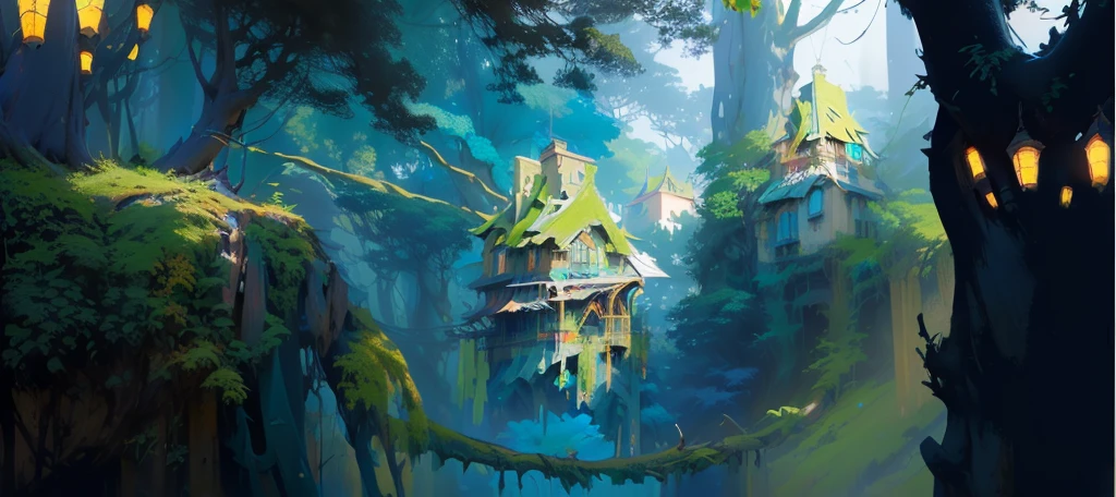 HD 4K 3A masterpiece game forest delicate leaf plant model has a painting,The painting shows a tree house in the forest, 风格化的Concept Art, 丰富多彩的Concept Art, environment design illustration, 以游戏Concept Art形式进行绘制, 电子游戏的Concept Art, Concept Art插图, background technology, background technologywork, Concept Art数码插画, 数字Concept Art, Concept Art壁纸4k, Concept Art