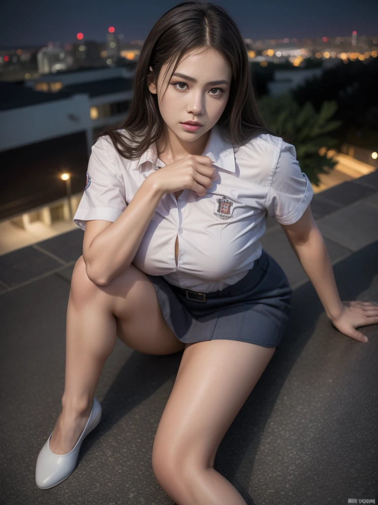 1girl, (uniform), sits with her legs pressed to her chest, detailed night view of Metropolitan city at the background, detailed face, detailed eyes, brunette, big breasts, smooth realistic skin, semi-curvy body, white shirt, grey blue hot miniskirt , looking at the audience, Full body shot, (overhead view:1.4), (zoom out:1.4), (8k, RAW photo, best quality, masterpiece: 1.2), (realistic, realistic: 1.37), ultra-high resolution