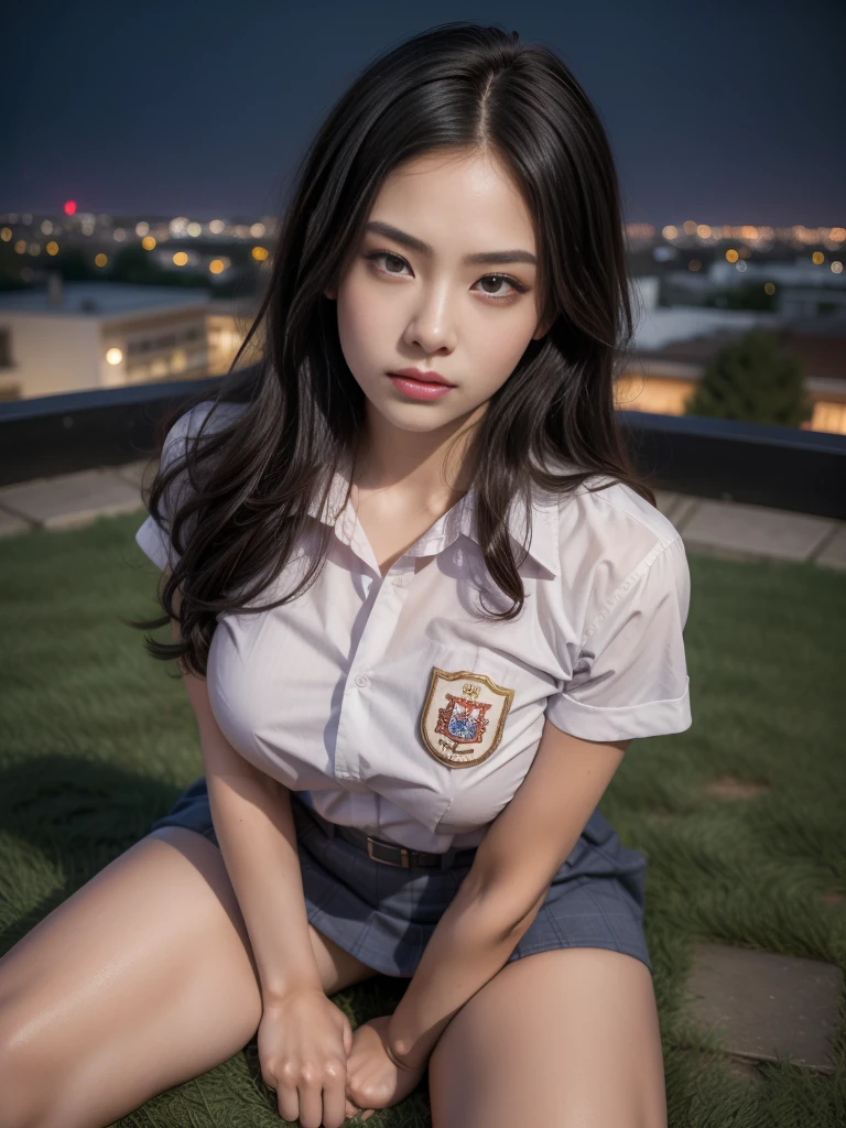 1girl, (uniform), sits with her legs pressed to her chest, detailed night view of Metropolitan city at the background, detailed face, detailed eyes, brunette, big breasts, smooth realistic skin, semi-curvy body, white shirt, grey blue hot miniskirt , looking at the audience, Full body shot, (overhead view:1.4), (zoom out:1.4), (8k, RAW photo, best quality, masterpiece: 1.2), (realistic, realistic: 1.37), ultra-high resolution