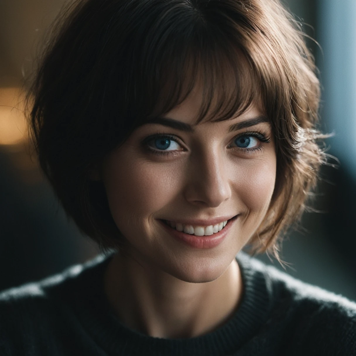 photoshoot, photo studio, RAW photo, редакционная photo, photo из фильма, cinematic, posing, beautiful woman, big smile, Blue eyes, short hair, Without makeup, hyperdetailed photo, soft light, head and shoulders portrait, lid, shrouded in shadow, silhouette,, dark atmosphere, ((focused on the eyes)), feminine expressions, photo, 35 mm, Nikon D850 photo из фильма, Kodak Portra 400 F1 camera.6 lenses, 8 K, uhd