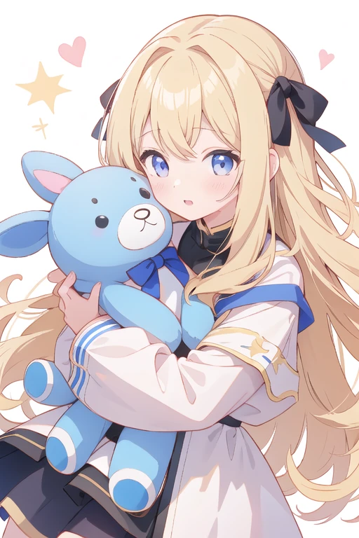 One Girl、About ************、A girl who still looks young、Long wavy blonde hair、slip、Hug a stuffed toy、The background is white with a checkered pattern