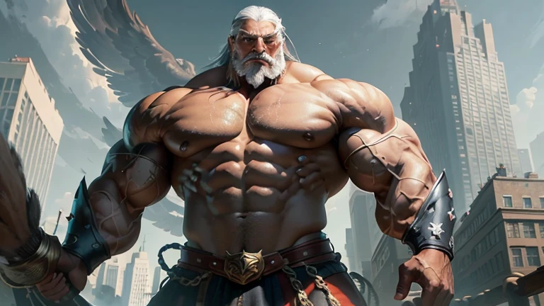 A giant muscular old man, grey hair, manly, huge ass, growing more and more, torn garments, peito huge ass, brave face, bravo, angry, imposing presence, incredible strength, head looking above, looking at the sky, muscular arms, thick, muscular legs, Robust appearance, immense power, dominant, Unstoppable strength, overwhelming aura, monumental strength, corpo huge ass, muscle definition, crushing musculature, colossal strength, Epic Proportions, invincible titan, Intimidating Enforcer, manly, sexly, manly, black skin, dark olive skin color, blue eyes, nose with pronounced bridge and outward curve that protrudes from the base of the nose, oiled skin, absurdly huge nose, hawk nose, big old man nose, concave nose, well groomed grey moustache, (80 years old daddy), enormous nose, eagle like nose, veins, sharp well groomed grey beard
