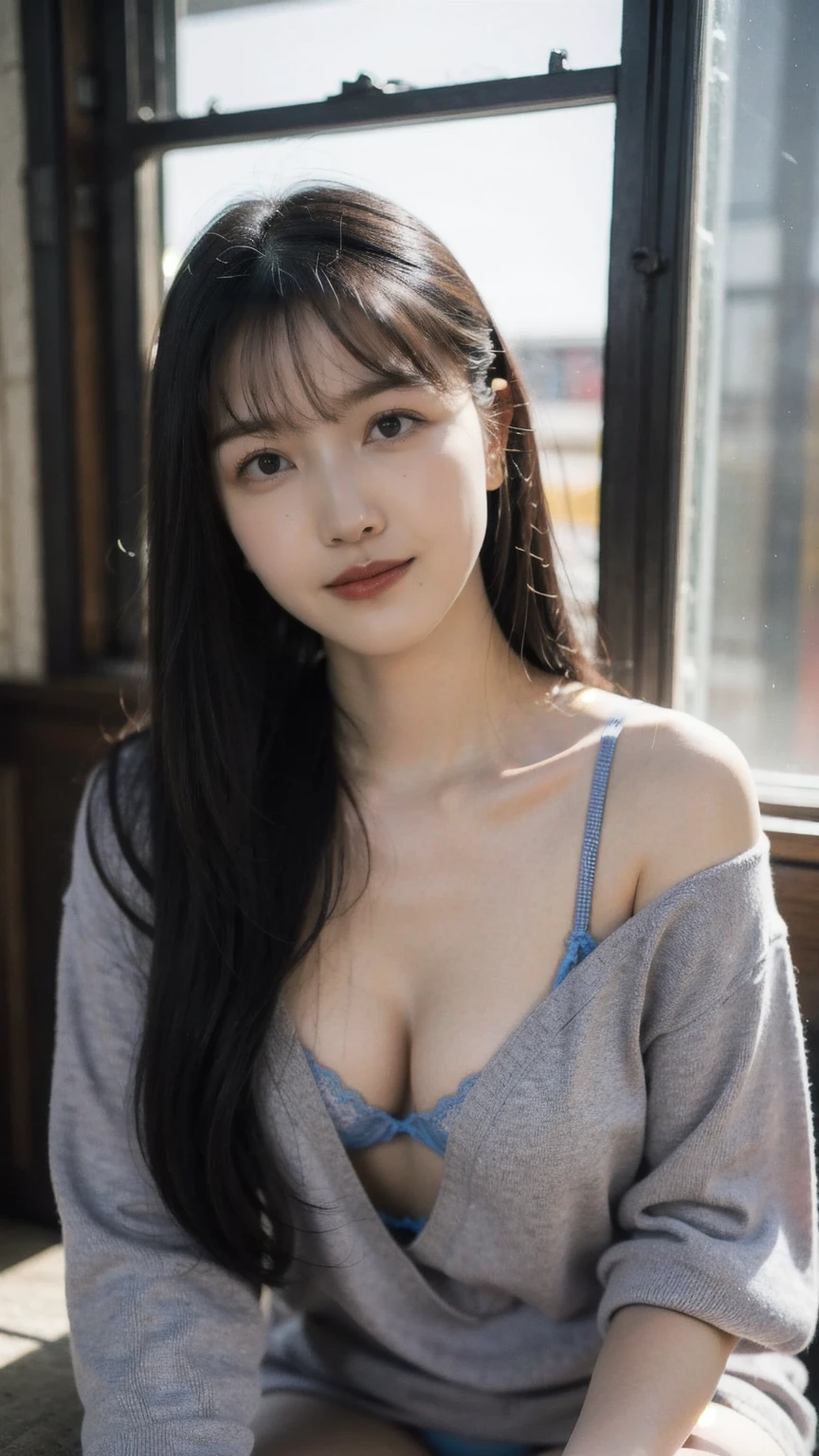 realistic photos of (1 cute Korean star) flipped hair, thin makeup, big breasts, sexy erotic tiny string of G-string lingerie, at the train station, clear facial features of Canon EOS, 16k, high resolution, sharp and realistic details,  overexposure, cut-in, UHD, high res, best quality, 3/4 body, little smile, (sweating), ((long hair))