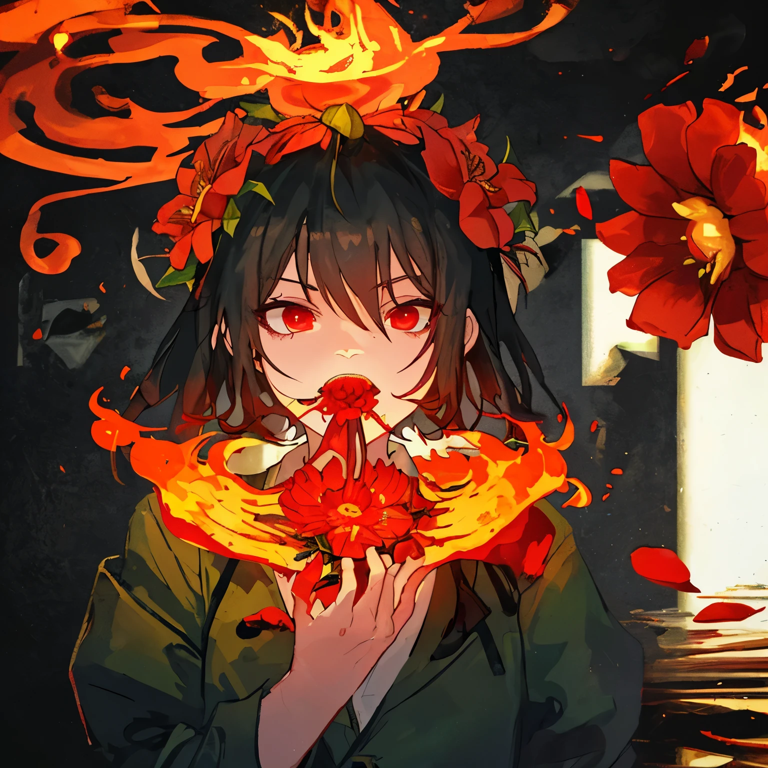 A flower with a mouth is eating fire.