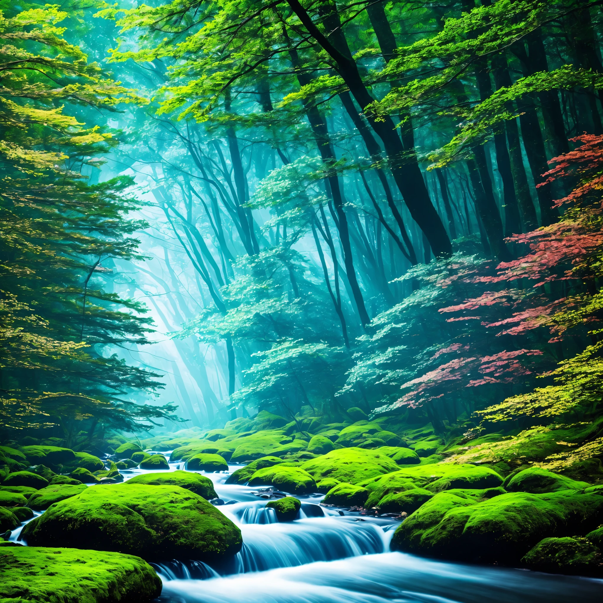 a forest with a stream and trees in the middle, magical environment, magical forest in the background, magical forest, glowing forest, magical colours and atmosphere, mystical forest, magical colors and atmosphere, magical clearing, magical fantasy forest, beautiful forest, forest light, really beautiful forest, forest ray light, magic forest, extremely beautiful and ethereal, enchanted and magic forest
