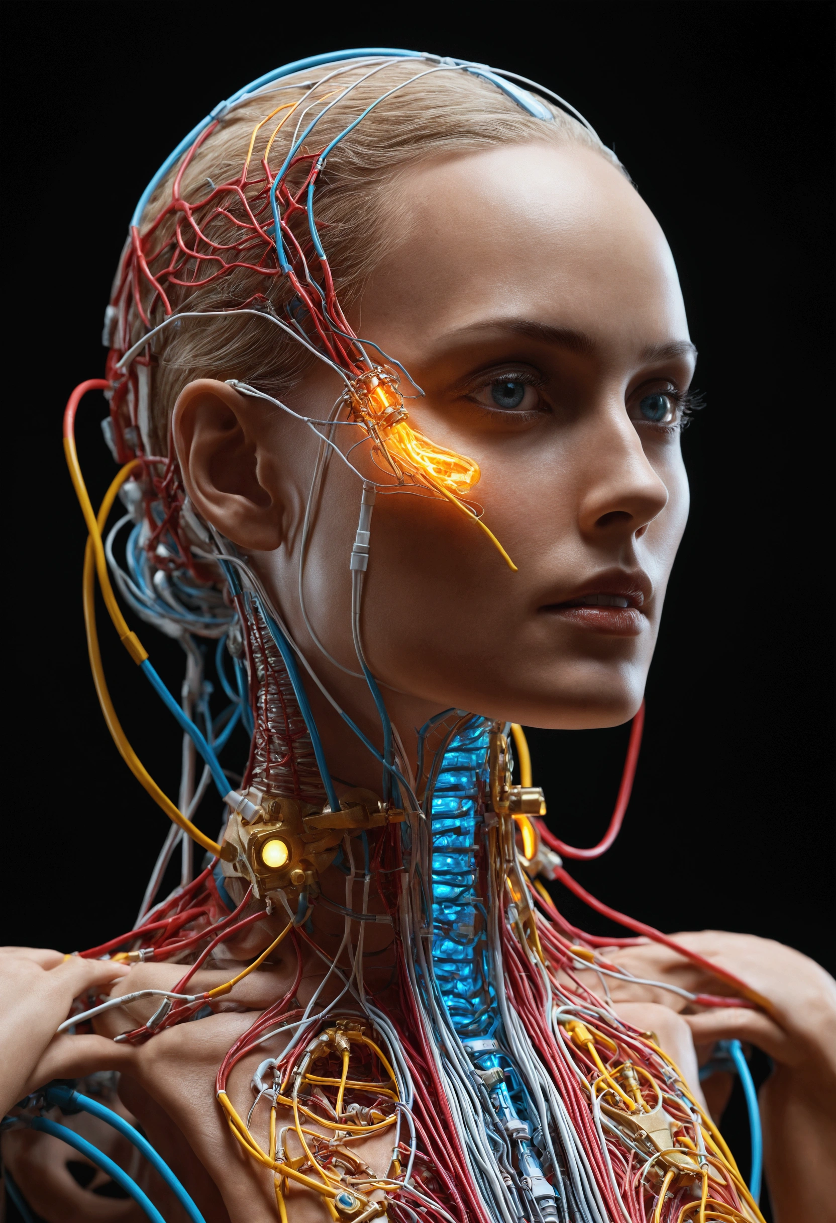 Naked woman, cyborg, mechanical limbs, electronic parts, connected wires and cables, Longhaire, Red hair, diodes multicolores, deep-shadows, full view