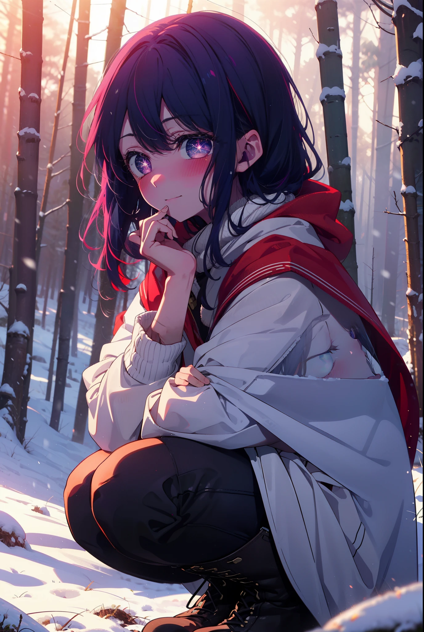 aihoshino, Ai Hoshino, Long Hair, bangs, (Purple eyes:1.1), Purple Hair, (Symbol-shaped pupil:1.5), smile,,smile,blush,white breath,
Open your mouth,snow,Ground bonfire, Outdoor, boots, snowing, From the side, wood, suitcase, Cape, Blurred, , forest, White handbag, nature,  Squat, Mouth closed, Cape, winter, Written boundary depth, Black shoes, red Cape break looking at viewer, Upper Body, whole body, break Outdoor, forest, nature, break (masterpiece:1.2), Highest quality, High resolution, unity 8k wallpaper, (shape:0.8), (Beautiful and beautiful eyes:1.6), Highly detailed face, Perfect lighting, Highly detailed CG, (Perfect hands, Perfect Anatomy),