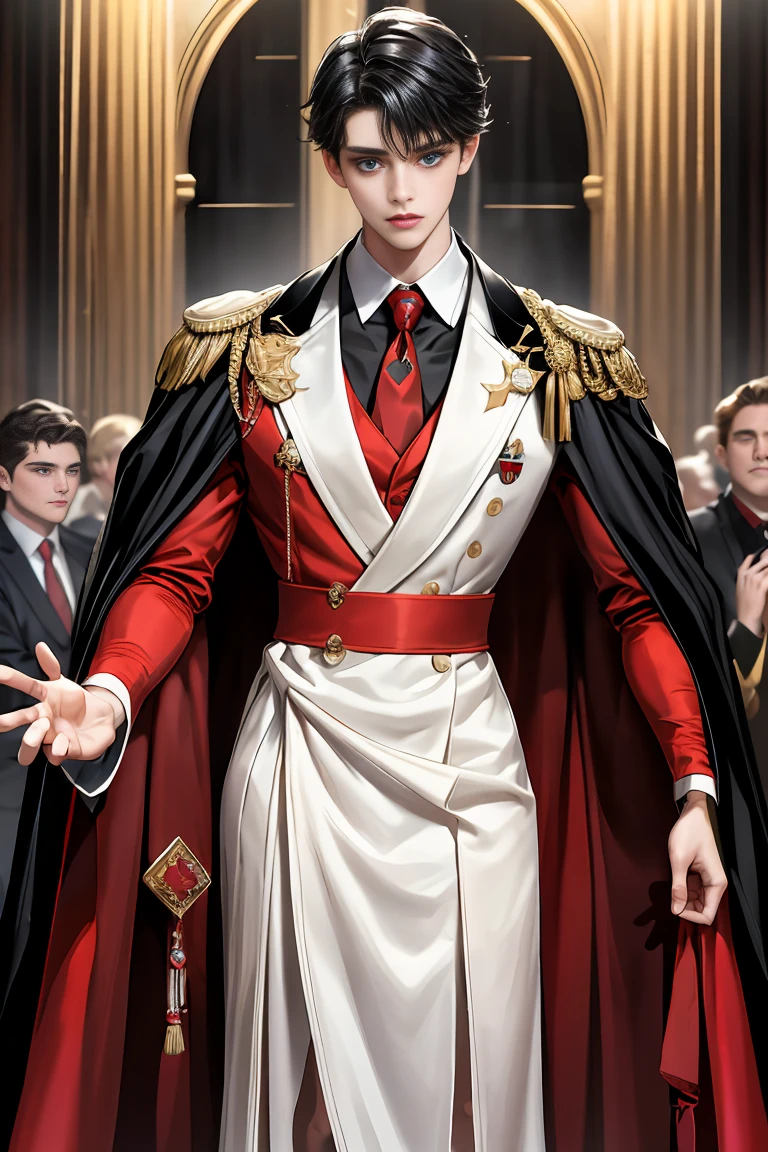 
masterpiece, 最high quality, high quality, 1 boy, alone, Male focus, Watching the audience,  Messy black hair, Adorable big blue eyes, White, Noble, Noble,A black and red cape that is bursting with sexy volume、Tuxedo、A very voluminous, large, very large, very large, long, long red and black cape with a high stand-up collar, made of a lot of fabric that reaches down to the floor., 17 years old,Cute beautiful boys,Cute, cute, kind, handsome guy