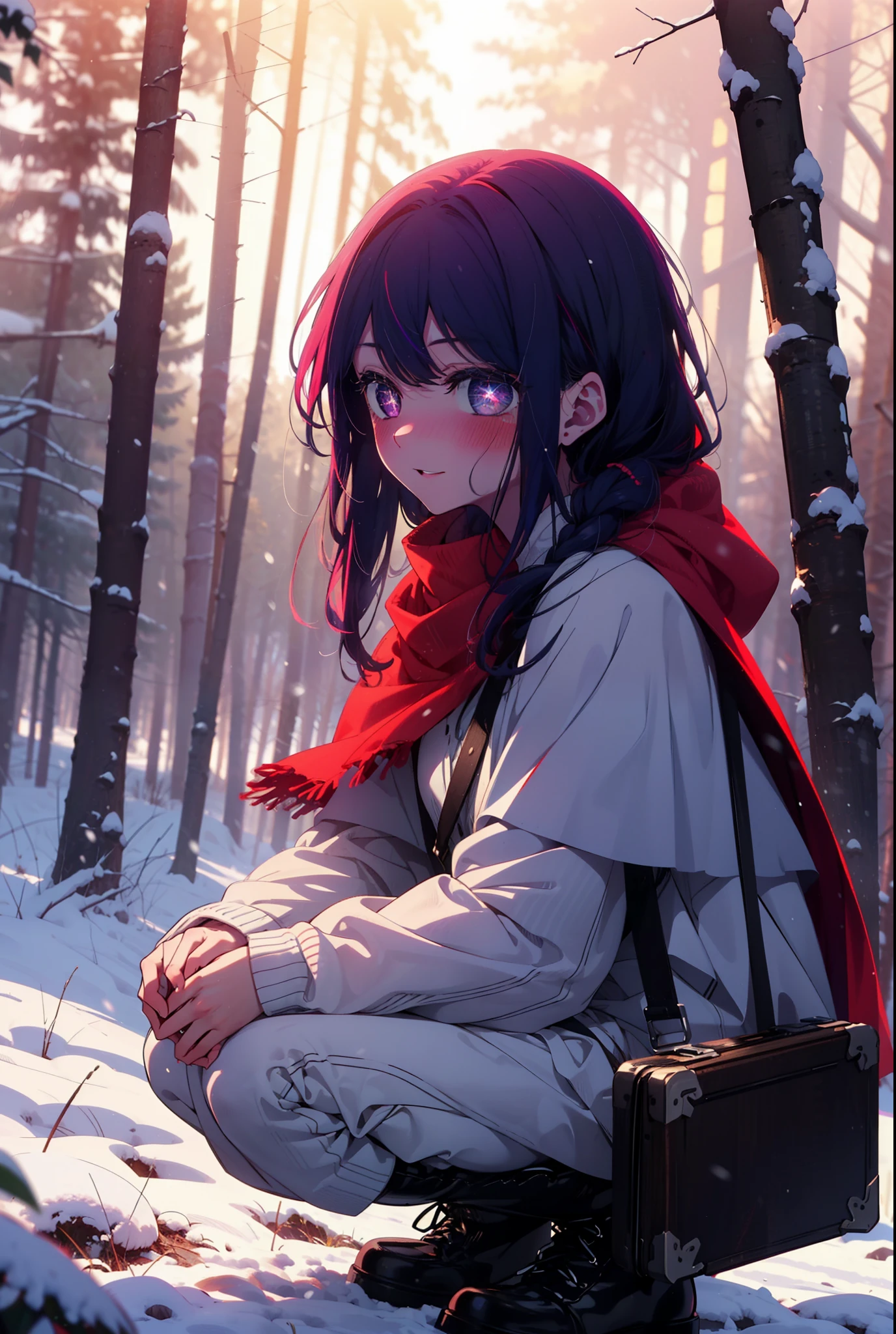 aihoshino, Ai Hoshino, Long Hair, bangs, (Purple eyes:1.1), Purple Hair, (Symbol-shaped pupil:1.5), smile,,smile,blush,white breath,
Open your mouth,snow,Ground bonfire, Outdoor, boots, snowing, From the side, wood, suitcase, Cape, Blurred, , forest, White handbag, nature,  Squat, Mouth closed, Cape, winter, Written boundary depth, Black shoes, red Cape break looking at viewer, Upper Body, whole body, break Outdoor, forest, nature, break (masterpiece:1.2), Highest quality, High resolution, unity 8k wallpaper, (shape:0.8), (Beautiful and beautiful eyes:1.6), Highly detailed face, Perfect lighting, Highly detailed CG, (Perfect hands, Perfect Anatomy),