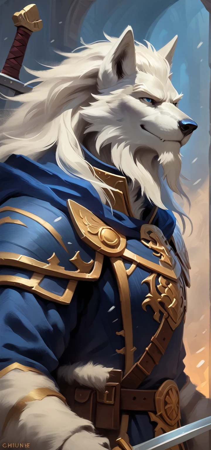 Solo, smug, friendly and stern looking anthropomorphic gurry wolf paladin, he has dark grey and white fur, he has big white brows, he has long wizard furr beard, , he has long wizard furr beard, , he has long wizard furr beard, he is wearing plate armor and a navy blue cloak, he is holding a sword, in battle in blizzard, masterpiece digital painting, digital painting,
