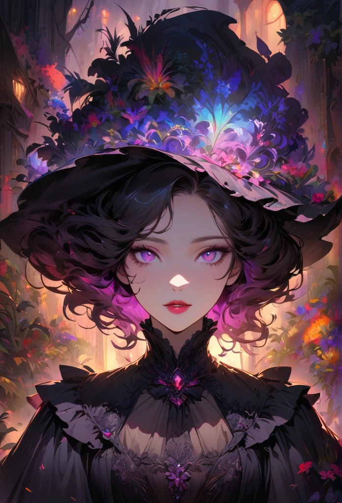 anime,beautiful detailed eyes,beautiful detailed lips,extremely detailed eyes and face,longeyelashes,colorful,vivid colors,portrait,landscape,horror,studio lighting,sharp focus,physically-based rendering,extreme detail description,professional,bokeh,HDR,UHD,ultra-fine painting,concept artists,gothic,Victorian-style bedroom,beautiful witch,dark atmosphere,vibrant colors,soft lighting,enchanted plants,flowing lavender,anime-style characters,mysterious shadows,exquisite details,vintage furniture,luxurious textures,eye-catching composition,romantic mood