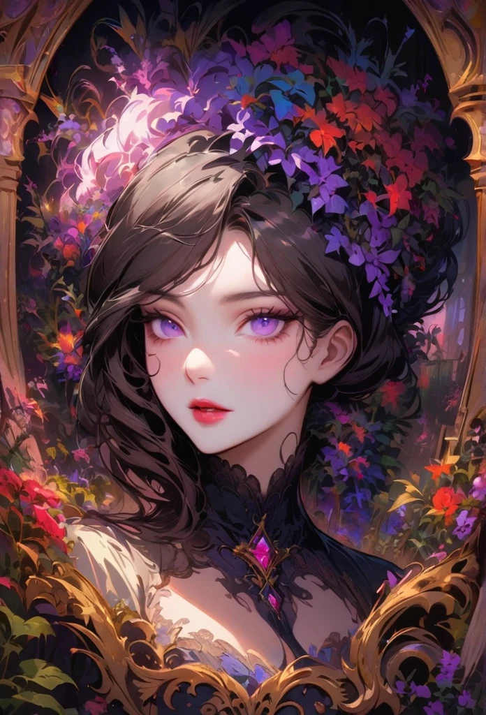 anime,beautiful detailed eyes,beautiful detailed lips,extremely detailed eyes and face,longeyelashes,colorful,vivid colors,portrait,landscape,horror,studio lighting,sharp focus,physically-based rendering,extreme detail description,professional,bokeh,HDR,UHD,ultra-fine painting,concept artists,gothic,Victorian-style bedroom,beautiful witch,dark atmosphere,vibrant colors,soft lighting,enchanted plants,flowing lavender,anime-style characters,mysterious shadows,exquisite details,vintage furniture,luxurious textures,eye-catching composition,romantic mood