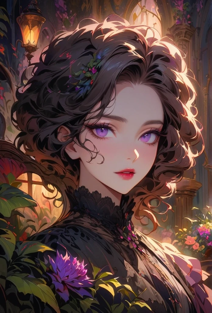 anime,beautiful detailed eyes,beautiful detailed lips,extremely detailed eyes and face,longeyelashes,colorful,vivid colors,portrait,landscape,horror,studio lighting,sharp focus,physically-based rendering,extreme detail description,professional,bokeh,HDR,UHD,ultra-fine painting,concept artists,gothic,Victorian-style bedroom,beautiful witch,dark atmosphere,vibrant colors,soft lighting,enchanted plants,flowing lavender,anime-style characters,mysterious shadows,exquisite details,vintage furniture,luxurious textures,eye-catching composition,romantic mood