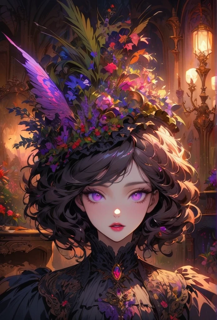 anime,beautiful detailed eyes,beautiful detailed lips,extremely detailed eyes and face,longeyelashes,colorful,vivid colors,portrait,landscape,horror,studio lighting,sharp focus,physically-based rendering,extreme detail description,professional,bokeh,HDR,UHD,ultra-fine painting,concept artists,gothic,Victorian-style bedroom,beautiful witch,dark atmosphere,vibrant colors,soft lighting,enchanted plants,flowing lavender,anime-style characters,mysterious shadows,exquisite details,vintage furniture,luxurious textures,eye-catching composition,romantic mood