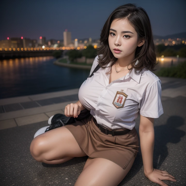 1girl, (uniform), sits with her legs pressed to her chest, detailed night view of Metropolitan city at the background, detailed face, detailed eyes, brunette, big breasts, smooth realistic skin, semi-curvy body, white shirt, grey blue hot miniskirt , looking at the audience, Full body shot, (overhead view:1.4), (zoom out:1.4), (8k, RAW photo, best quality, masterpiece: 1.2), (realistic, realistic: 1.37), ultra-high resolution