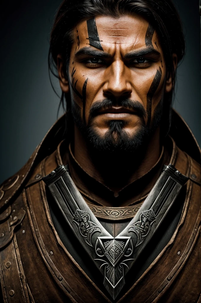 Face of warrior man with two crossed swords all over his face
