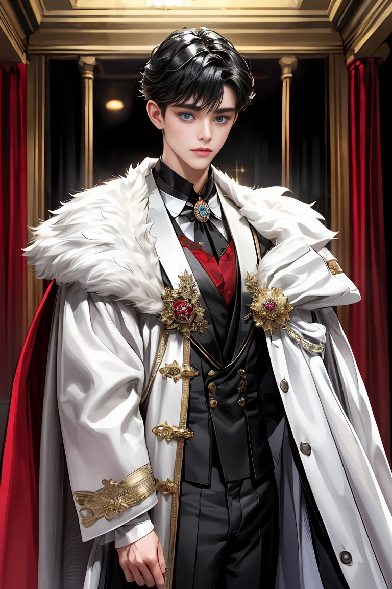 masterpiece, 最high quality, high quality, 1 boy, alone, Male focus, Watching the audience, Messy black hair, Adorable big blue eyes, White, Noble, Noble,A sexy, voluminous, puffy cape、tuxedo、A very voluminous, large, very large, very large, long, long red and black cape with a high stand-up collar, made of a lot of fabric that reaches down to the floor., ,Cute beautiful boys,Cute, cute, kind, handsome guy