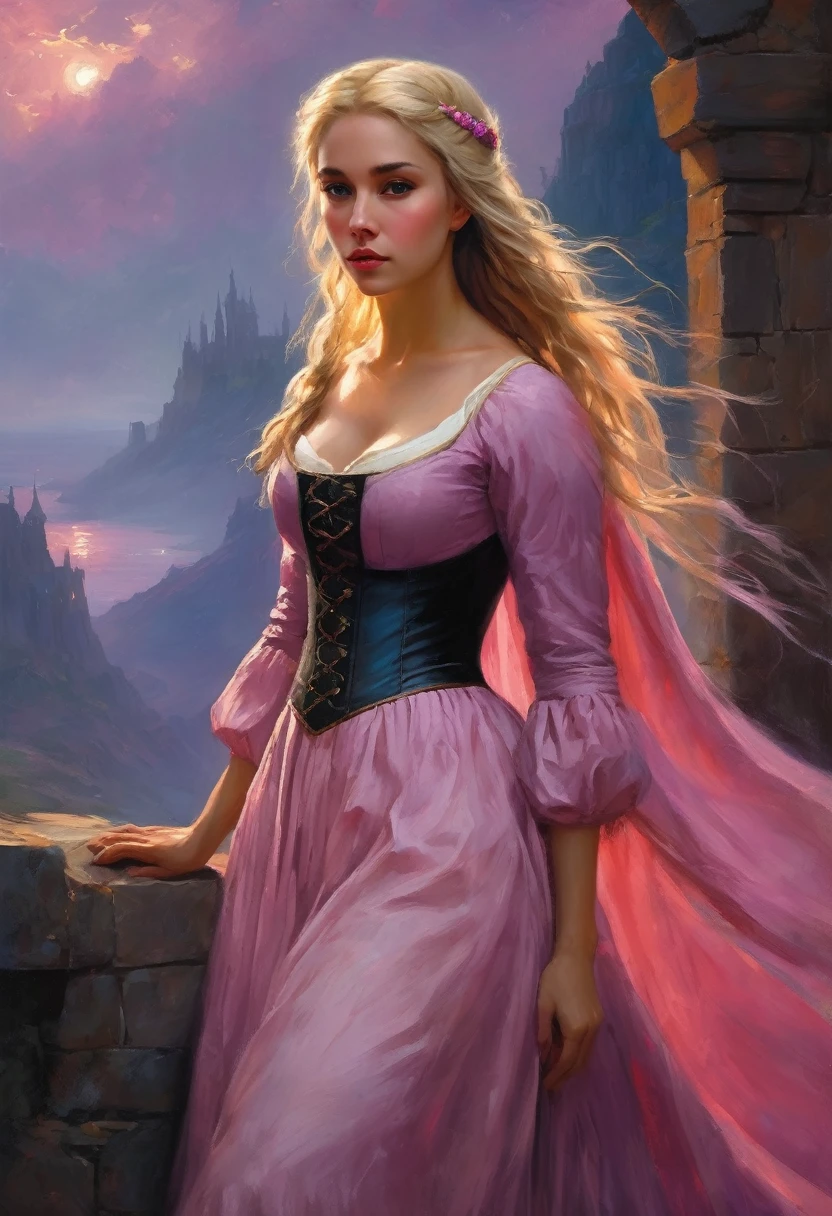 (masterpiece), oil paint, best quality,(photo_(medium):1.0), by Antonio J. Manzanedo, by Jeremy Lipking, lightning, in a surreal dark dungeon scenery, painting style with watercolor, Brushstrokes, colorful,vibrant colors,1 ultra hot gorgeous woman, large breast. ((ultra long (braided pig tail) blonde hair)). Sexy rapunzel from Disney tangled in sexy S pose. Black clouds Stormy weather. Pink and purple medieval dress.