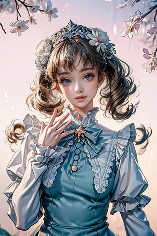 (best quality,8K,CG),detailed upper body, girl,floral forest background,complex facial features,elegant long curly hair,almond-shaped big eyes,detailed eye makeup,long eyelashes,twinkling stars,exquisite lip details,soft and harmonious style.