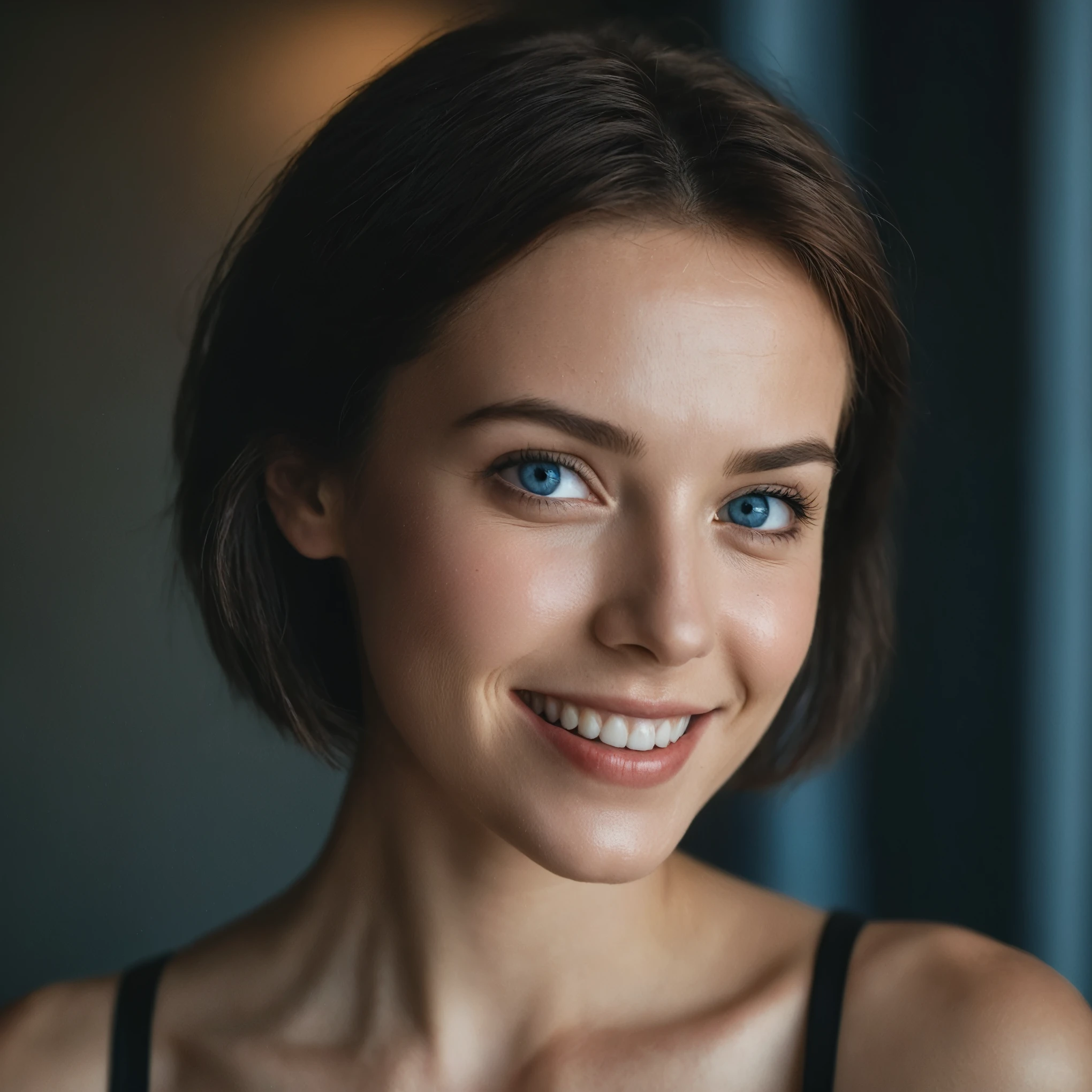 photoshoot, photo studio, RAW photo, редакционная photo, photo из фильма, cinematic, posing, beautiful woman, big smile, Blue eyes, short hair, Without makeup, hyperdetailed photo, soft light, head and shoulders portrait, lid, shrouded in shadow, silhouette,, dark atmosphere, ((focused on the eyes)), feminine expressions, photo, 35 mm, Nikon D850 photo из фильма, Kodak Portra 400 F1 camera.6 lenses, 8 K, uhd