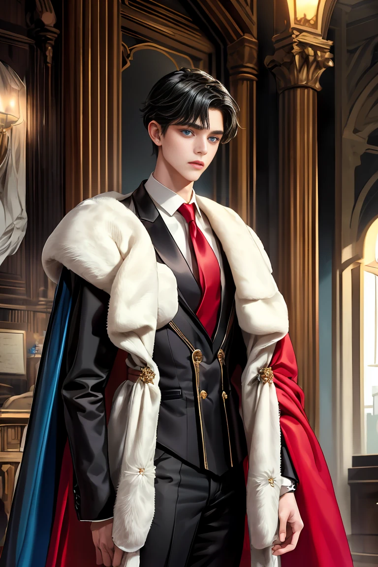 
masterpiece, 最high quality, high quality, 1 boy, alone, Male focus, Watching the audience,  Messy black hair, Adorable big blue eyes, White, Noble, Noble,A sexy, voluminous, puffy cape、tuxedo、A very voluminous, large, very large, very large, long, long red and black cape with a high stand-up collar, made of a lot of fabric that reaches down to the floor., 17 years old,Cute beautiful boys,Cute, cute, kind, handsome guy