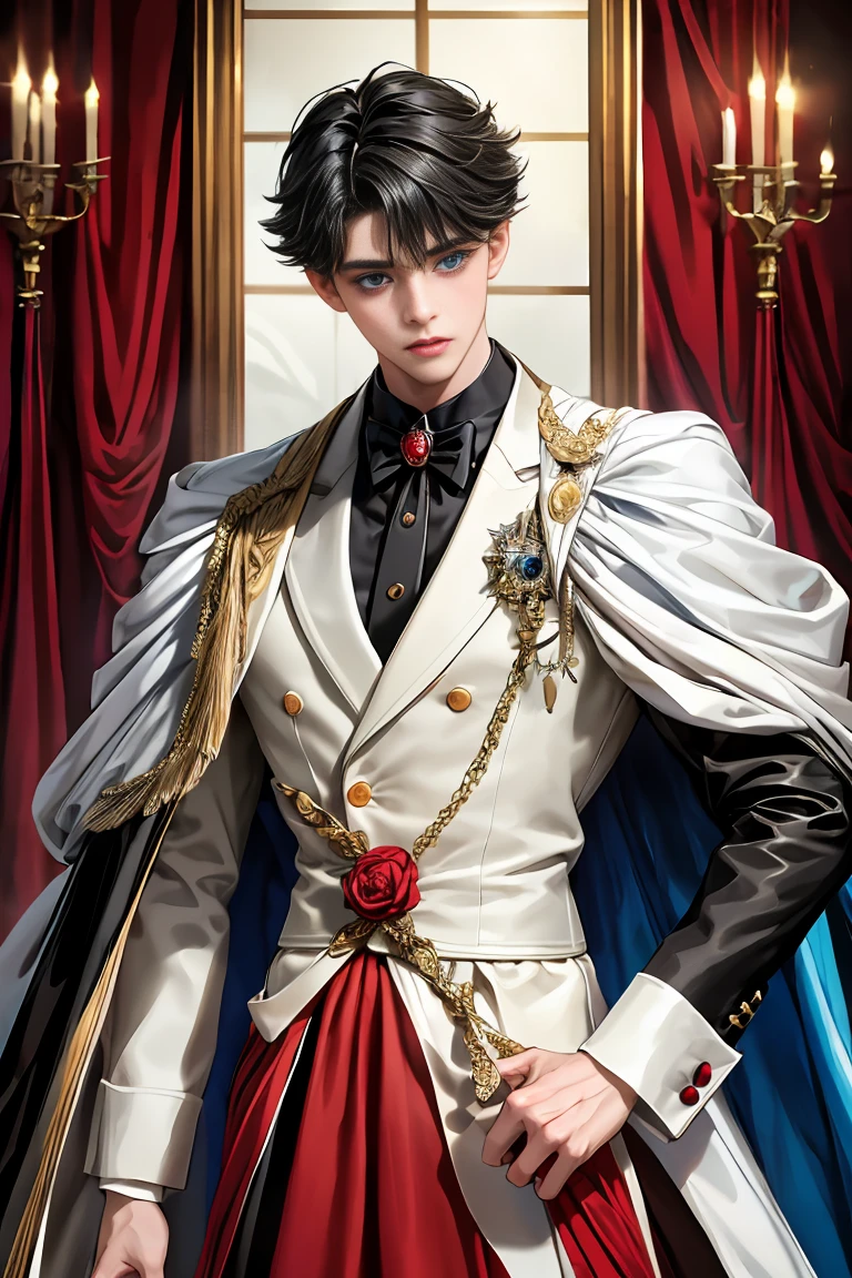 masterpiece, 最high quality, high quality, 1 boy, alone, Male focus, Watching the audience, Messy black hair, Adorable big blue eyes, White, Noble, Noble,A sexy, voluminous, puffy cape、tuxedo、A very voluminous, large, very large, very large, long, long red and black cape with a high stand-up collar, made of a lot of fabric that reaches down to the floor., 17 years old,Cute beautiful boys,Cute, cute, kind, handsome guy