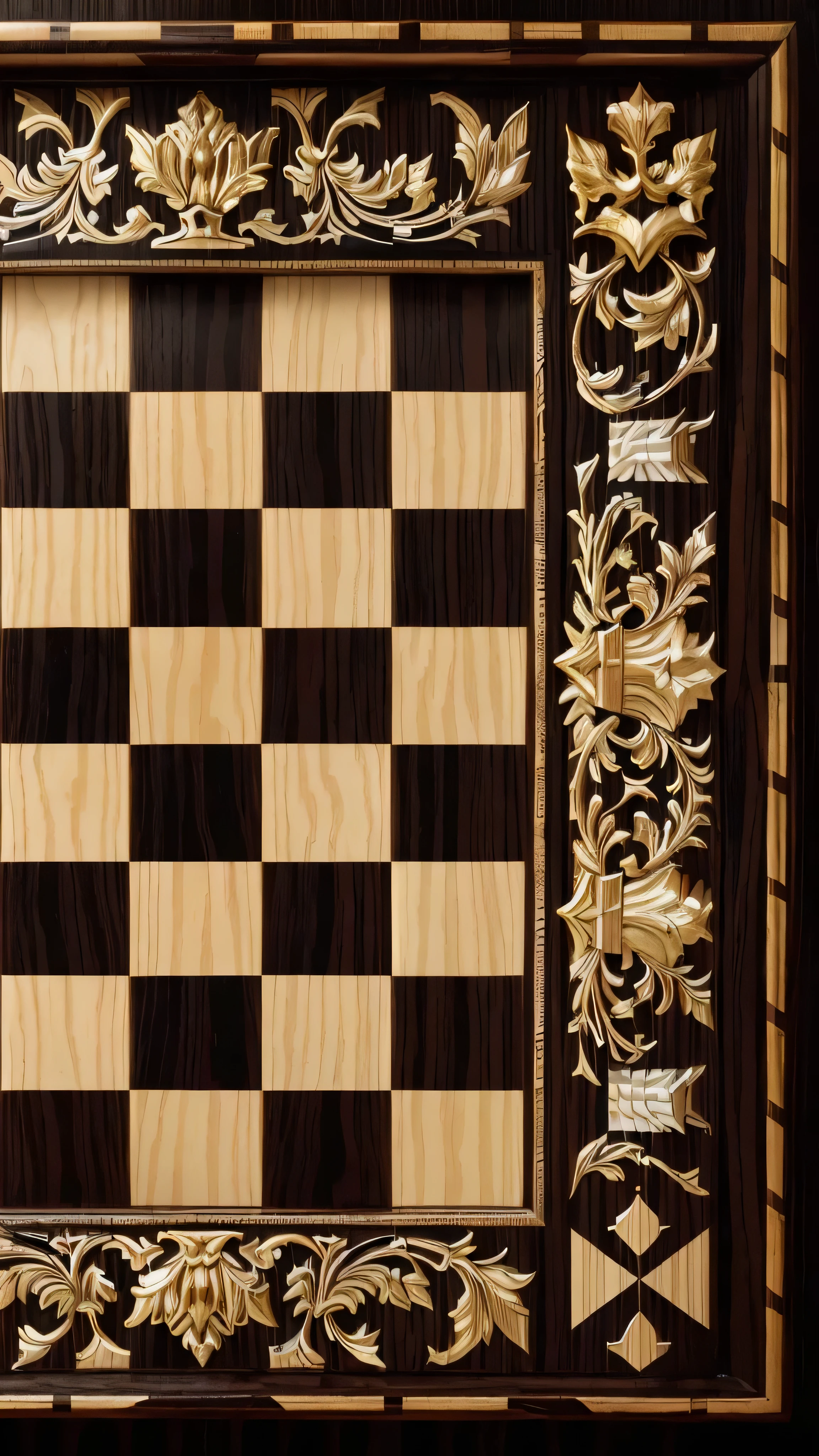 a close up of a wooden chess board with a black and white checkerboard, with ornamental borders, game board, baroque cursed with ebony inlay, graphic detail, decorated polished wood, Intricate details and quality, inlaid with gold rococo, with detailed wood, elaborate detail, chess pieces, Motiffs quadriculados, close up, medium close-up