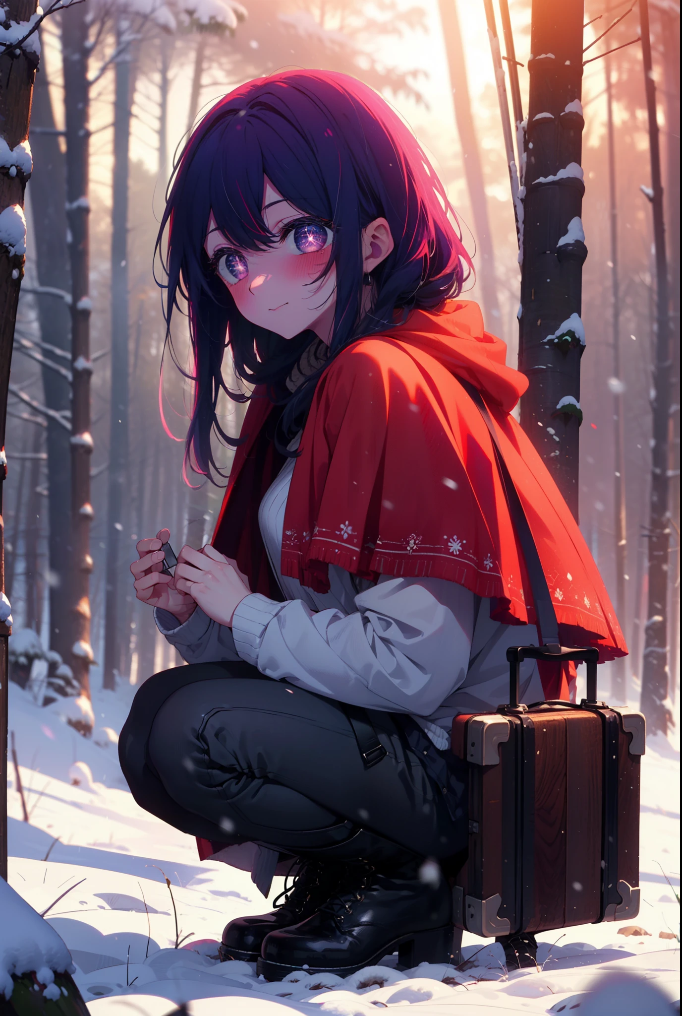 aihoshino, Ai Hoshino, Long Hair, bangs, (Purple eyes:1.1), Purple Hair, (Symbol-shaped pupil:1.5), smile,,smile,blush,white breath,
Open your mouth,snow,Ground bonfire, Outdoor, boots, snowing, From the side, wood, suitcase, Cape, Blurred, , forest, White handbag, nature,  Squat, Mouth closed, Cape, winter, Written boundary depth, Black shoes, red Cape break looking at viewer, Upper Body, whole body, break Outdoor, forest, nature, break (masterpiece:1.2), Highest quality, High resolution, unity 8k wallpaper, (shape:0.8), (Beautiful and beautiful eyes:1.6), Highly detailed face, Perfect lighting, Highly detailed CG, (Perfect hands, Perfect Anatomy),