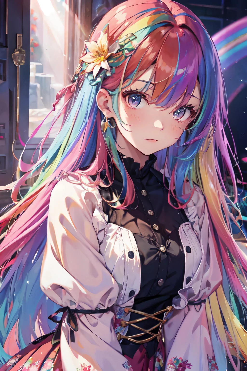 （In 8K, Highest quality, The pieces fly:1.2)、Ultra-high resolution,1 Female, 16 years old、Highly detailed face,Detailed eyes,Open your mouth,Laughter,((Rainbow Hair)),Asymmetrical bangs,Twin Blade,break,((Floral Dress)),Frilled Skirt,break,(Rainbow light:1.4)