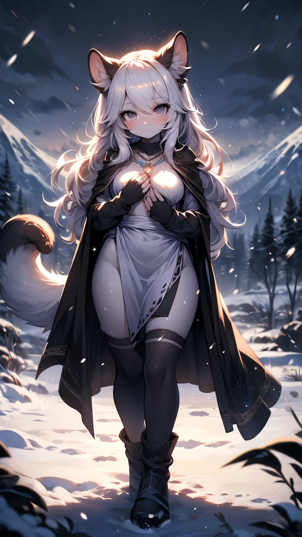 {extremely delicate and beautiful girl}, 8K Wallpaper, {{{masutepiece}}},Red Eyes,White hair,Long hair,(Bursting breasts:1.1),(skinny:1.3),Big ass,Open kimono,(Fox Girl:1.4),(Huge breasts), (((close photo face))) , (((sexy pose, model pose, standing pose)))forest,trees, montain,snow,fishnet stockings