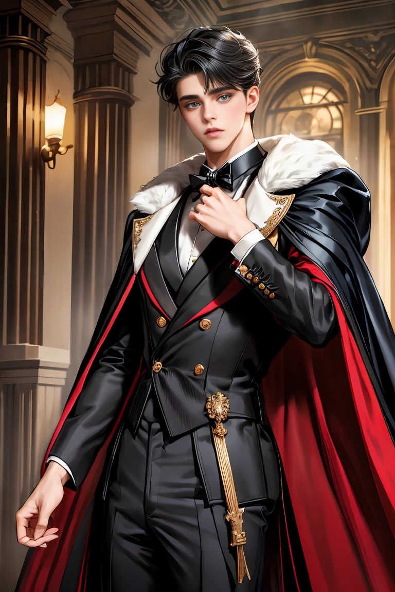 
masterpiece, 最high quality, high quality, 1 boy, alone, Male focus, Watching the audience,  Messy black hair, Adorable big blue eyes, White, Noble, Noble,A sexy, voluminous, puffy cape、tuxedo、A very voluminous, large, very large, very large, long, long red and black cape with a high stand-up collar, made of a lot of fabric that reaches down to the floor., 17 years old,Cute beautiful boys,Cute, cute, kind, handsome guy