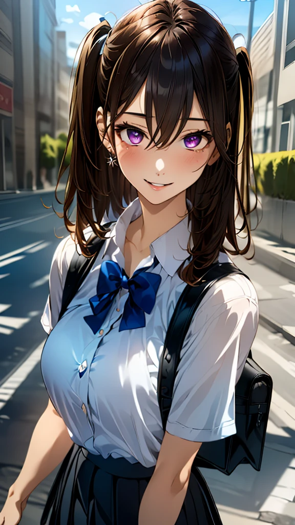 (masterpiece:1.3, top-quality, ultra high res, ultra detailed), (realistic, photorealistic:1.4), beautiful illustration, perfect lighting, colorful, depth of fields,
beautiful detailed hair, beautiful detailed face, beautiful detailed eyes, beautiful clavicle, beautiful body, beautiful chest, beautiful thigh, beautiful legs, beautiful fingers,
looking at viewer, front view:0.6, 1 girl, japanese, high school girl, perfect face, (perfect anatomy, anatomically correct), cute and symmetrical face, face, , shiny skin,
(middle hair:1.5, (two side up:1.2), dark violet hair), hair between eyes, dark violet eyes, long eye lasher, (medium breasts), slender,
((short sleeve collared white shirt, steel blue pleated skirt)), dark red bow tie, piercing, navy school bag,
(beautiful scenery), evening, (street, cityscape in the distance), walking, arms behind back, (happy smile, parted lips),