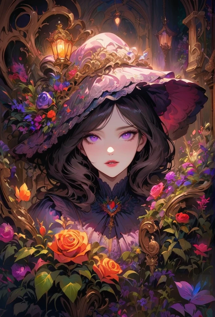 anime,beautiful detailed eyes,beautiful detailed lips,extremely detailed eyes and face,longeyelashes,colorful,vivid colors,portrait,landscape,horror,studio lighting,sharp focus,physically-based rendering,extreme detail description,professional,bokeh,HDR,UHD,ultra-fine painting,concept artists,gothic,Victorian-style bedroom,beautiful witch,dark atmosphere,vibrant colors,soft lighting,enchanted plants,flowing lavender,anime-style characters,mysterious shadows,exquisite details,vintage furniture,luxurious textures,eye-catching composition,romantic mood,rose