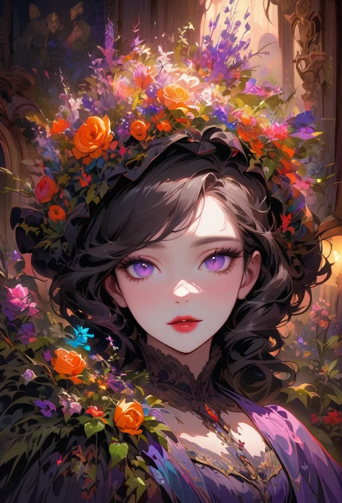 anime,beautiful detailed eyes,beautiful detailed lips,extremely detailed eyes and face,longeyelashes,colorful,vivid colors,portrait,landscape,horror,studio lighting,sharp focus,physically-based rendering,extreme detail description,professional,bokeh,HDR,UHD,ultra-fine painting,concept artists,gothic,Victorian-style bedroom,beautiful witch,dark atmosphere,vibrant colors,soft lighting,enchanted plants,flowing lavender,anime-style characters,mysterious shadows,exquisite details,vintage furniture,luxurious textures,eye-catching composition,romantic mood,rose