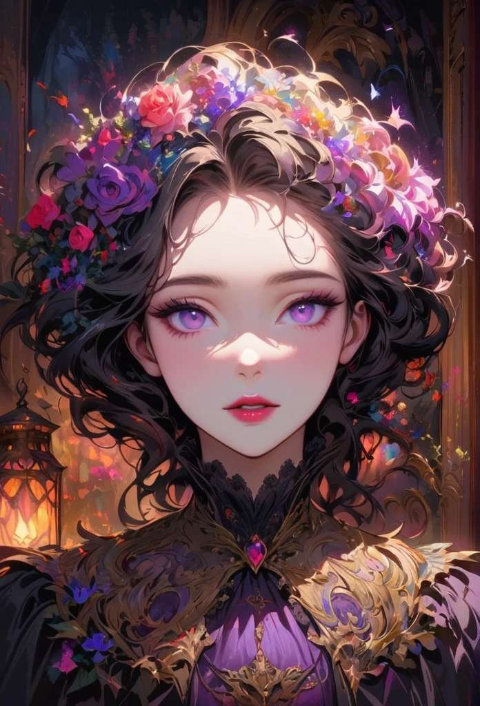anime,beautiful detailed eyes,beautiful detailed lips,extremely detailed eyes and face,longeyelashes,colorful,vivid colors,portrait,landscape,horror,studio lighting,sharp focus,physically-based rendering,extreme detail description,professional,bokeh,HDR,UHD,ultra-fine painting,concept artists,gothic,Victorian-style bedroom,beautiful witch,dark atmosphere,vibrant colors,soft lighting,enchanted plants,flowing lavender,anime-style characters,mysterious shadows,exquisite details,vintage furniture,luxurious textures,eye-catching composition,romantic mood,rose