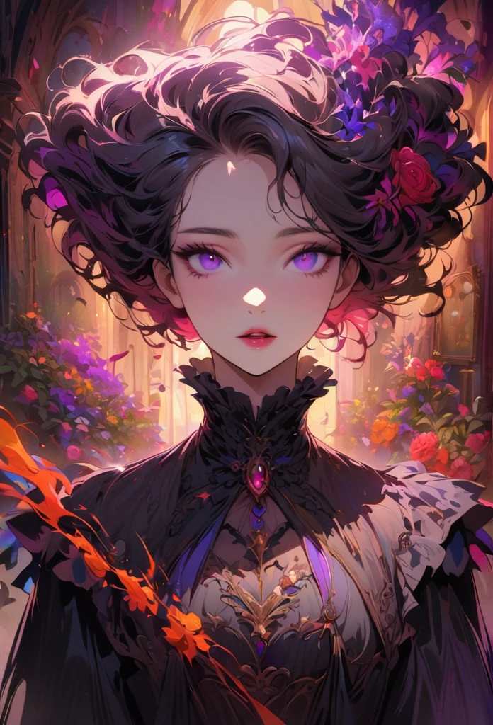 anime,beautiful detailed eyes,beautiful detailed lips,extremely detailed eyes and face,longeyelashes,colorful,vivid colors,portrait,landscape,horror,studio lighting,sharp focus,physically-based rendering,extreme detail description,professional,bokeh,HDR,UHD,ultra-fine painting,concept artists,gothic,Victorian-style bedroom,beautiful witch,dark atmosphere,vibrant colors,soft lighting,enchanted plants,flowing lavender,anime-style characters,mysterious shadows,exquisite details,vintage furniture,luxurious textures,eye-catching composition,romantic mood,rose