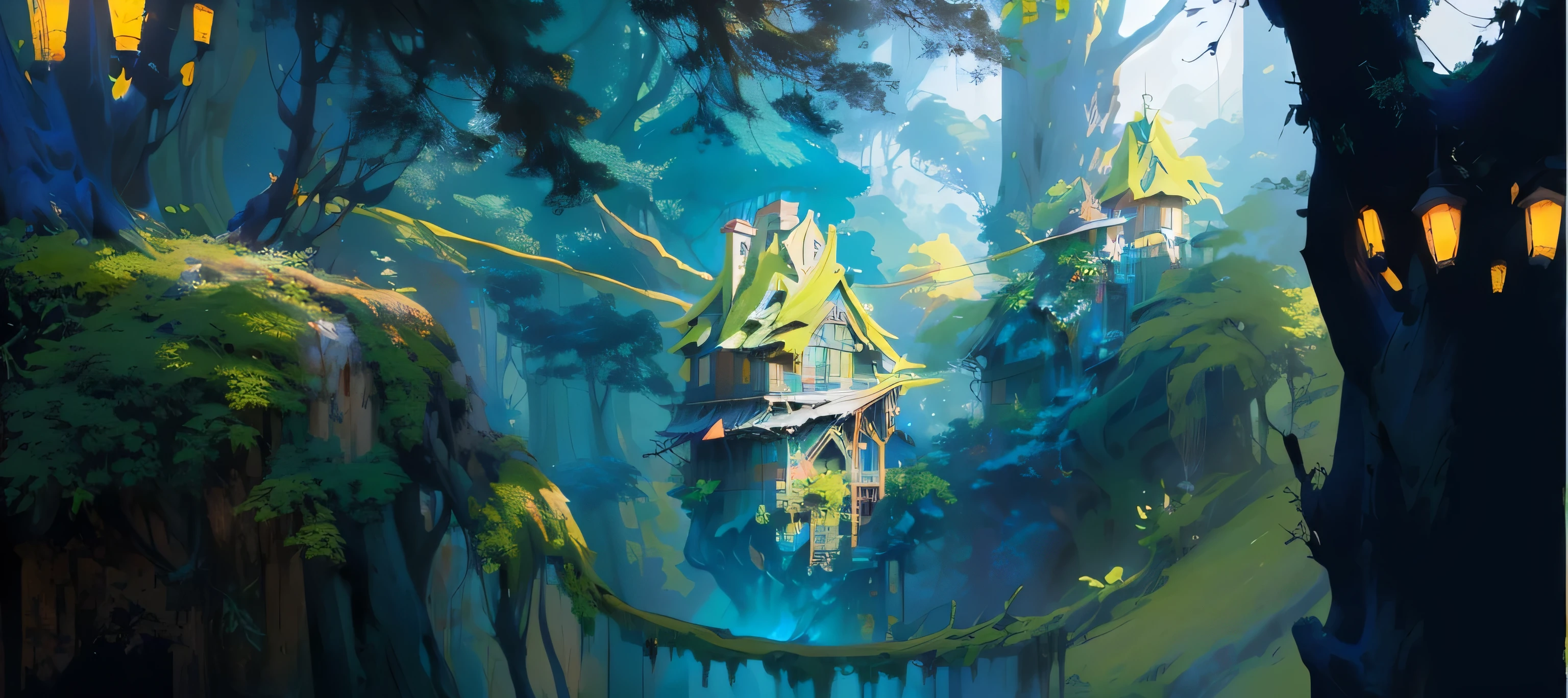 HD 4K 3A masterpiece game forest delicate leaf plant model has a painting,The painting shows a tree house in the forest, Stylized Concept Art, Colorful Concept Art, environment design illustration, Draw in the form of game Concept Art, Concept Art of Video Games, concept art illustration, background technology, background technologywork, Concept Art Digital Illustration, Digital concept art, concept art wallpaper 4k, Concept Art