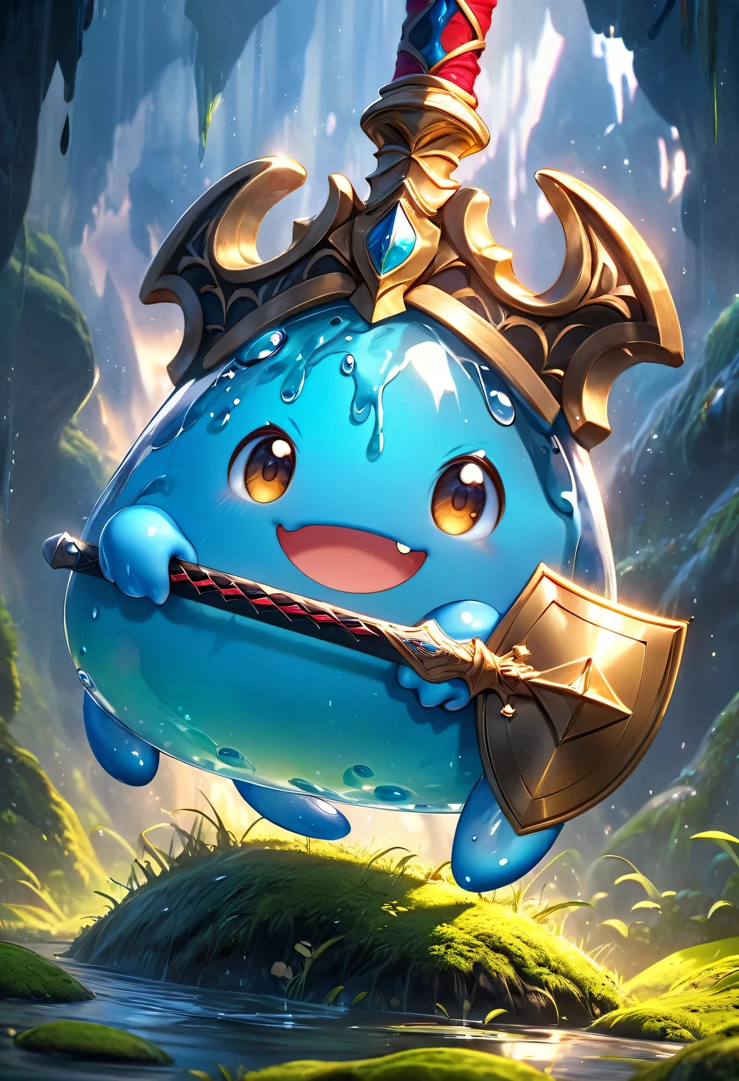 cute slime, holding small shield and prepare a small sword, smooth slimy texture, highly detailed, 8k, photorealistic, masterpiece, superb illustration, dramatic lighting, vibrant colors, fantasy art, whimsical