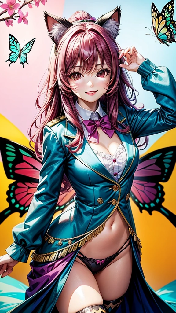 Magenta hair, brown eyes, older woman, hair bows, cat ears, long hair, smiling face, sexy outfit, butterflies, teal and gold outfit, butterfly background, uniform open chest top
