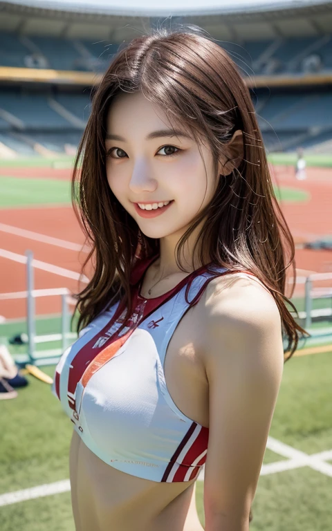 Highly detailed CG Unity 8K wallpapers, Highest quality, Very detailed, masterpiece, Realistic, photo Realistic, Very detailed cute girl, Age 25, (logic), 腹logic, Round eyes, Audience, blush, smile, Lips parted, Athletics Stadium,whole body