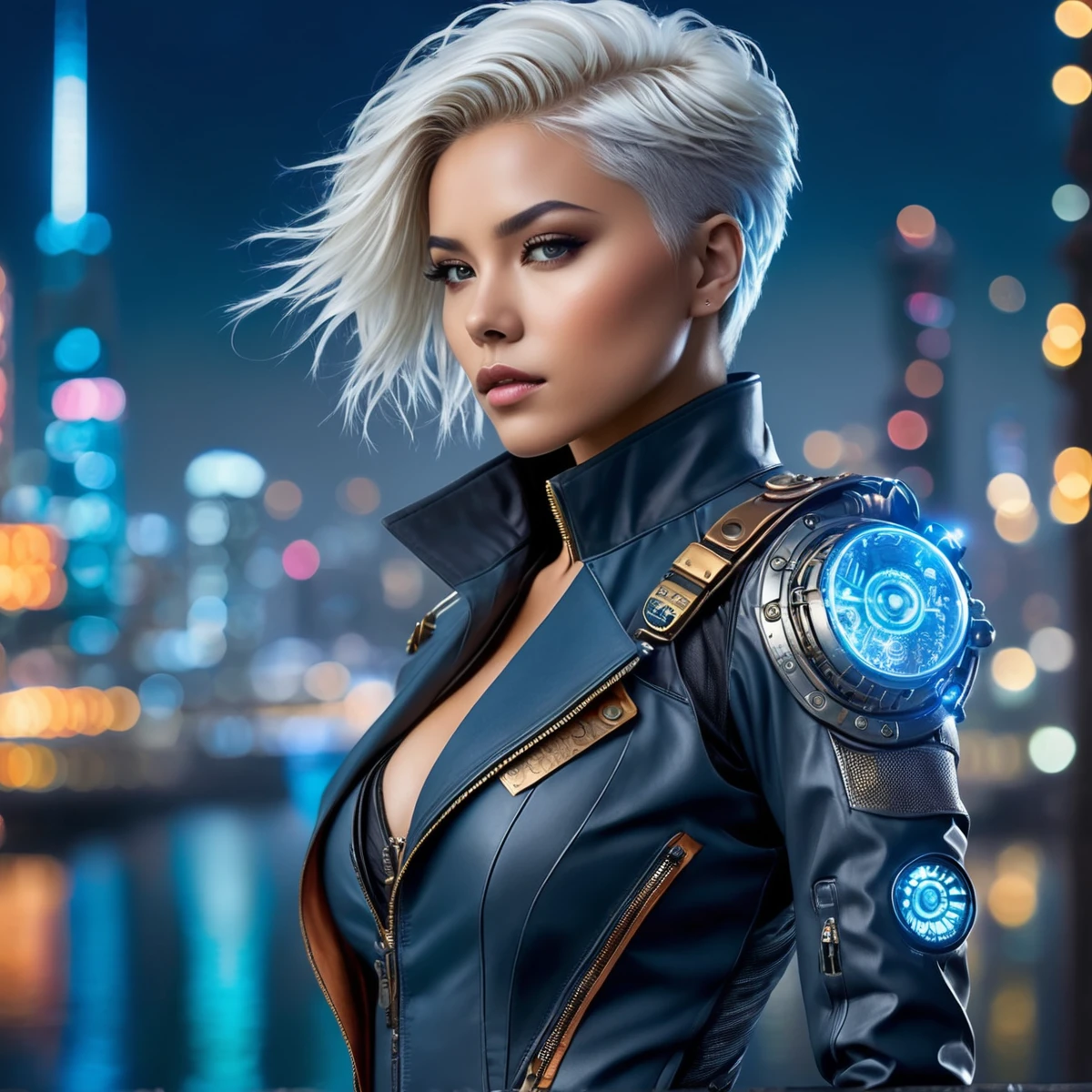 Create a highly detailed, superior quality image of Jett, Valorant agent, reimagined in a futuristic and epic setting. She must be 20 years old, with short white hair styled in a modern pompadour. Your eyes are a piercing blue. Jett is wearing a steampunk style outfit/cyberpunk with dark blue and light blue details, combining leather and intricate metals. The jacket has advanced technological elements and steampunk decorative details, such as gears and tubes.

She is positioned on a futuristic rooftop in Tokyo, under heavy rain, with neon lights reflecting in the water around you. The city in the background is a spectacle of lights and cyberpunk architecture, with illuminated skyscrapers and giant holograms. Jett must have kunais floating around him, adding a touch of your special skills. Your pose is dynamic and confident, with a determined and courageous expression.

The image must be a digital work of art, with intricate details and soft light, capturing the essence of fantasy and science fiction. Use digital painting techniques to create a highly detailed illustration, with sharp focus and HDRI lighting, resulting in an elegant and visually stunning scene