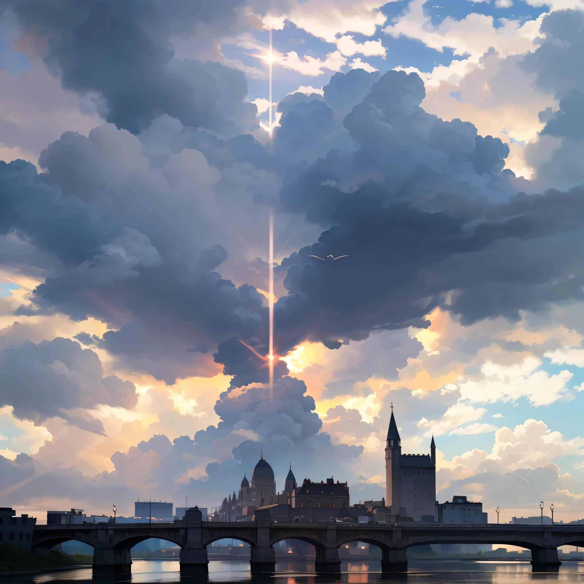 araffes are flying over a bridge with a city in the background, with dramatic sky, with backdrop of god rays, glistening clouds in background, looming over a city, visible sky and humid atmosphere, cloudy weather, light and clouds, some sunlight ray, cloudy day, sun and shadow over a city, the sun up on the sky is strong, (Masterpiece), (best detail), (Best quality), castle, manor, ((2d anime)), (((Maid outfit))), (((Flat coating))), headdress, Headband, frill skirt, maid apronl, Black shirt, Neckline with bow, (((bow-knot))), (Maid uniform: 1.1), Blush, Young and good-looking, happy