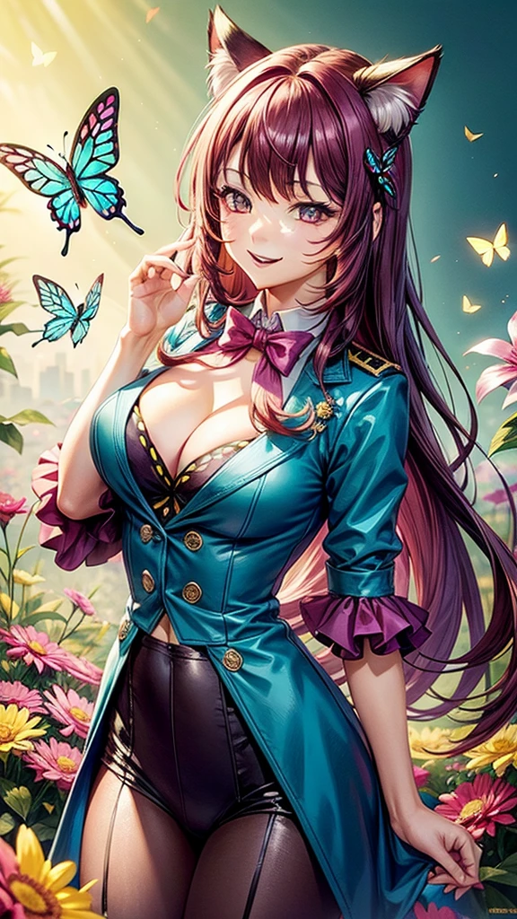 Magenta hair, brown eyes, older woman, hair bows, cat ears, long hair, smiling face, sexy outfit, butterflies, teal and gold outfit, butterfly background, uniform open chest top