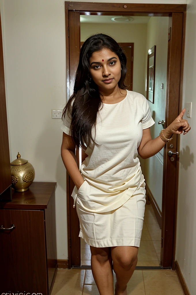 ((Towards from my eyes pov)), a beautiful gravy indian kerala neighbor traditional culturally strict hindu welly dressed very shy elegant married milf housewife is talking to me at my room door ,suddenly she finds me unable to control my dick to myself to see her , she became shy with expression and pointing to me, ((day)),((towards eye contacts)),standing