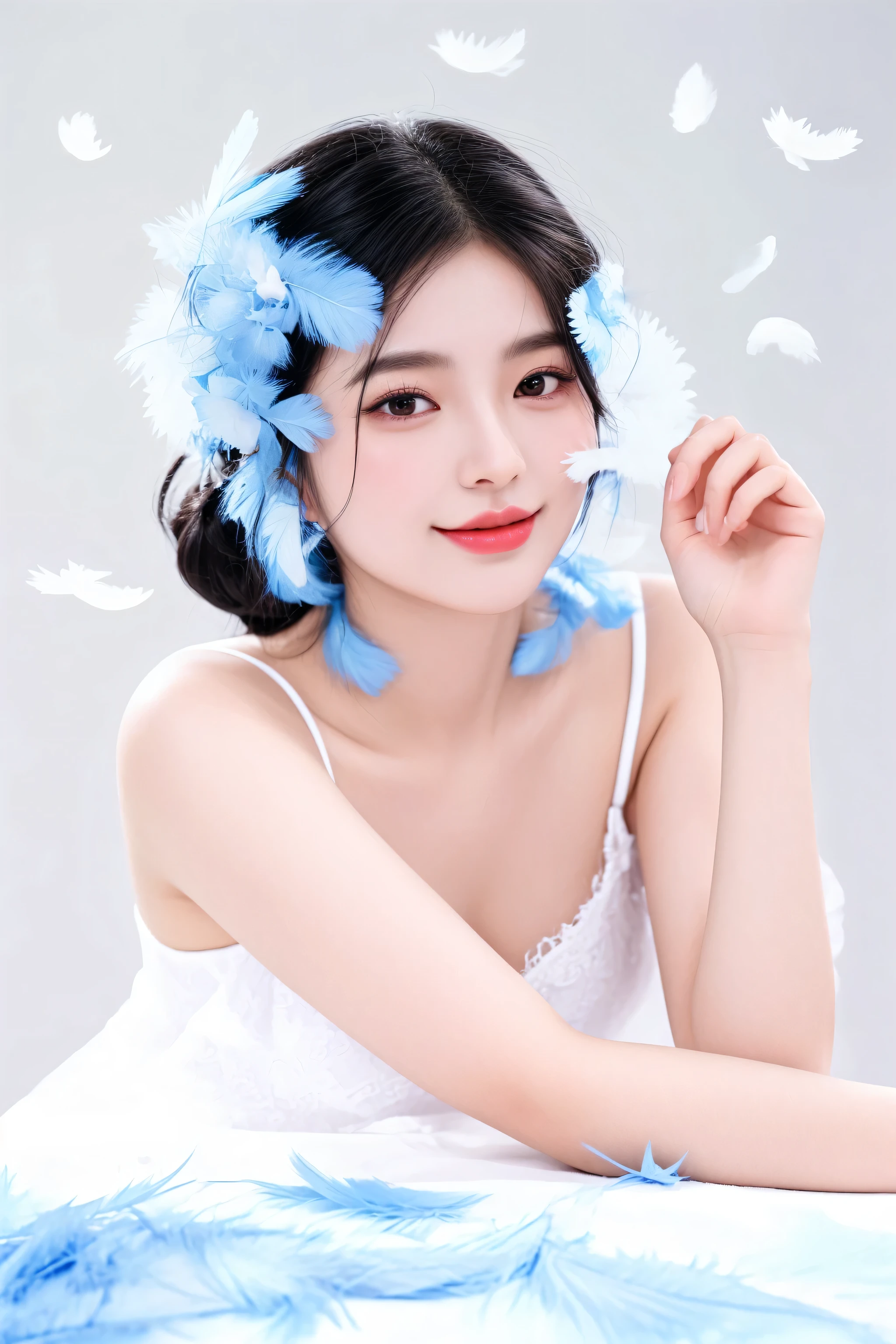 there is a woman with a blue feathered headband on, beautiful young korean woman, yun ling, heise-lian yan fang, beautiful south korean woman, xintong chen, young cute wan asian face, gorgeous young korean woman, chengyou liu, gorgeous chinese model, jingna zhang, chinese girl, wenfei ye, ruan jia beautiful!, lu ji