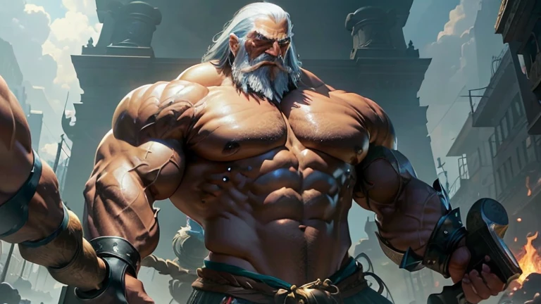 A giant muscular old man, manly, huge ass, growing more and more, torn garments, peito huge ass, brave face, bravo, angry, imposing presence, incredible strength, head looking above, looking at the sky, muscular arms, thick, muscular legs, Robust appearance, immense power, dominant, Unstoppable strength, overwhelming aura, monumental strength, corpo huge ass, muscle definition, crushing musculature, colossal strength, Epic Proportions, invincible titan, Intimidating Enforcer, manly, sexly, manly, black skin, dark olive skin color, blue eyes, nose with pronounced bridge and outward curve that protrudes from the base of the nose, oiled skin, absurdly huge nose, hawk nose, big old man nose, concave nose, well groomed moustache, (80 years old daddy), enormous nose, eagle like nose, veins, sharp well groomed beard
