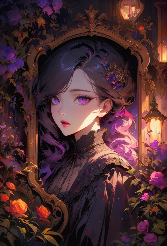 anime,beautiful detailed eyes,beautiful detailed lips,extremely detailed eyes and face,longeyelashes,colorful,vivid colors,portrait,landscape,horror,studio lighting,sharp focus,physically-based rendering,extreme detail description,professional,bokeh,HDR,UHD,ultra-fine painting,concept artists,gothic,Victorian-style bedroom,beautiful witch,dark atmosphere,vibrant colors,soft lighting,enchanted plants,flowing lavender,anime-style characters,mysterious shadows,exquisite details,vintage furniture,luxurious textures,eye-catching composition,romantic mood,rose,kissmark